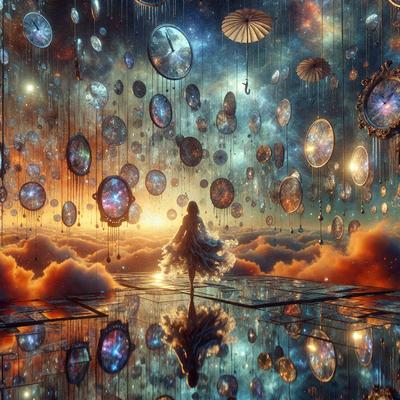 The primary subject of the image is a woman standing in a room with a mirrored surface. She is surrounded by a variety of colorful and shiny objects, including numerous clocks and other decorative items. The setting appears to be a futuristic or fantastical environment, with the woman being the focal point of the scene. The visual style of the image is a combination of photo and digital art, creating a unique and captivating atmosphere. The dominant colors in the image are bright and vibrant, with the woman and the objects she is surrounded by reflecting off the mirrored surface, adding to the overall mood of the scene.